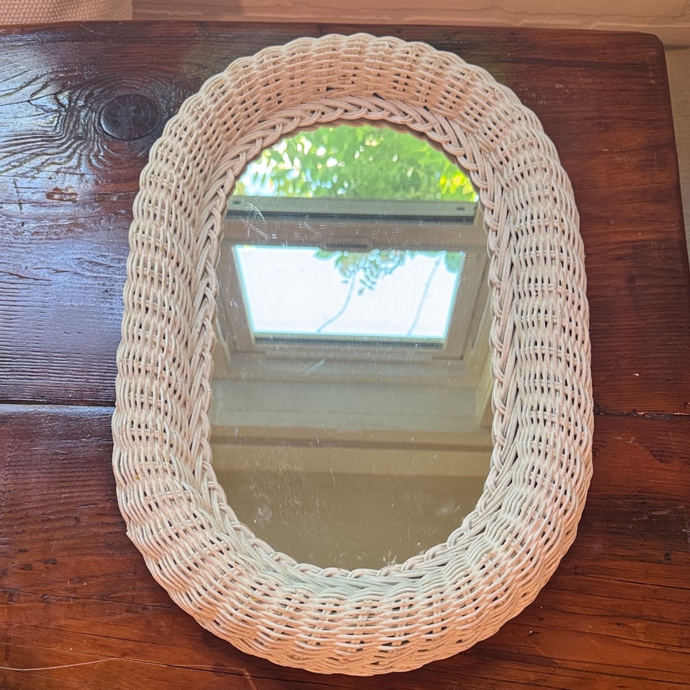 Vintage White Wicker Oval Wall Mirror